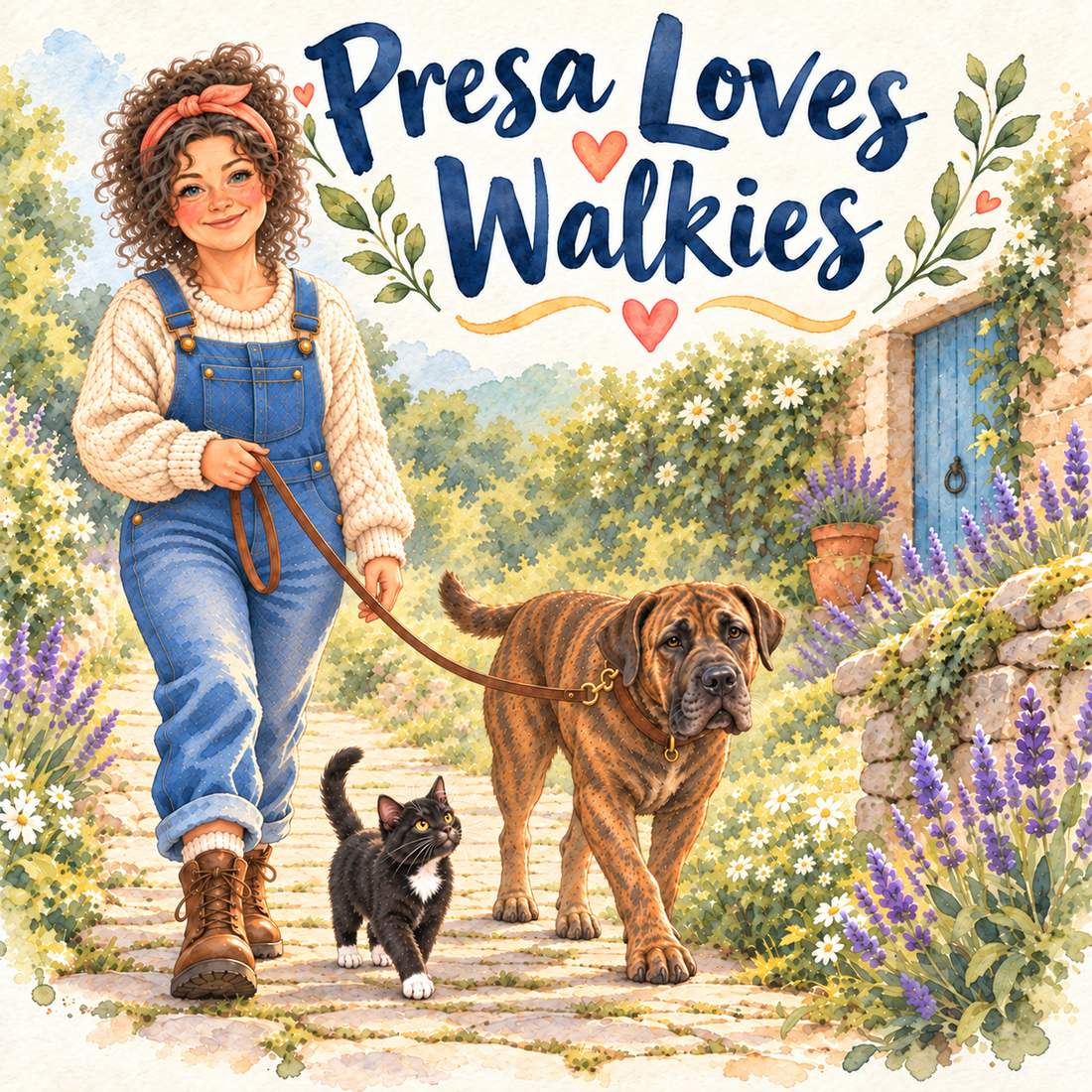 Watercolour cover of Presa Loves Walkies, with Peach, Presa and Pip on a cottage garden path.